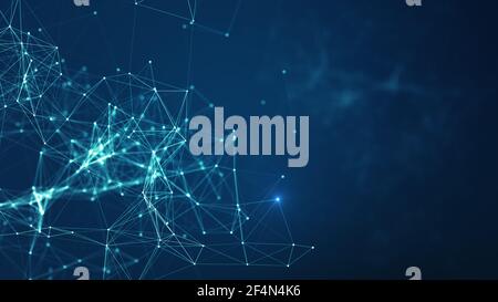 Technology background. Abstract connected dots and lines on blue background. Communication and technology network concept with moving lines and dots. Stock Photo