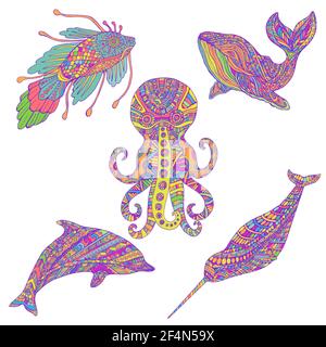 Set of colorful Whale, Octopus, Dolphin, Narwhal and Fish, isolated on white. Cartoon characters, doodle style decorative animals. Each animal with it Stock Vector