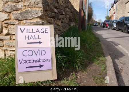 covid-19 vaccination centre sign in Islip Oxfordshire village, England, 2021 Stock Photo