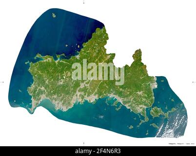 Yamaguchi, prefecture of Japan. Sentinel-2 satellite imagery. Shape isolated on white. Description, location of the capital. Contains modified Coperni Stock Photo