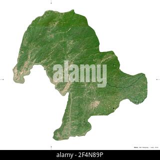 Bokeo, province of Laos. Sentinel-2 satellite imagery. Shape isolated on white solid. Description, location of the capital. Contains modified Copernic Stock Photo