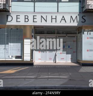 Debenhams flagship store in Oxford Street, now closed, displays demolition posters in the ground floor windows as London’s premier shopping street remains empty during Coronavirus lockdown. Credit: Malcolm Park/Alamy Live News. Stock Photo