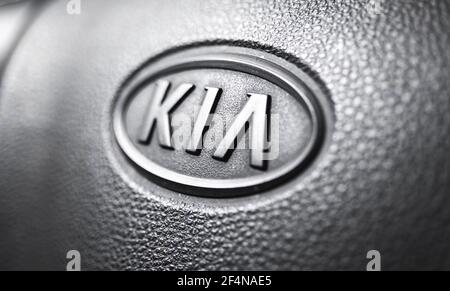 Kharkov, Ukraine - March 22, 2021: Close up of dashboard of KIA motors, logo Stock Photo