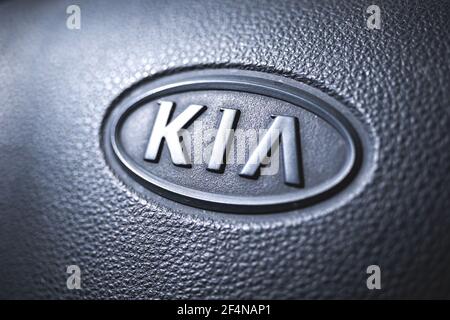 Kharkov, Ukraine - March 22, 2021: KIA Motors logo close up Stock Photo