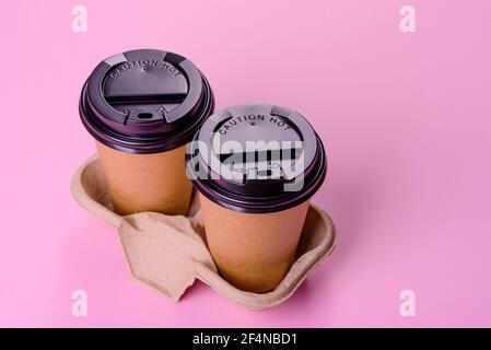 Disposable dishes made of environmentally friendly brown cardboard recycled from paper waste Stock Photo