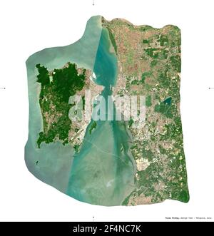 Pulau Pinang, state of Malaysia. Sentinel-2 satellite imagery. Shape isolated on white solid. Description, location of the capital. Contains modified Stock Photo