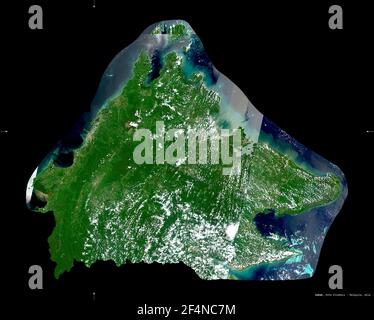 Sabah, state of Malaysia. Sentinel-2 satellite imagery. Shape isolated on black. Description, location of the capital. Contains modified Copernicus Se Stock Photo