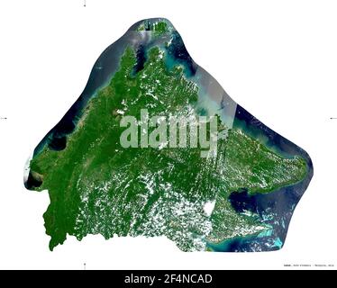 Sabah, state of Malaysia. Sentinel-2 satellite imagery. Shape isolated on white solid. Description, location of the capital. Contains modified Coperni Stock Photo