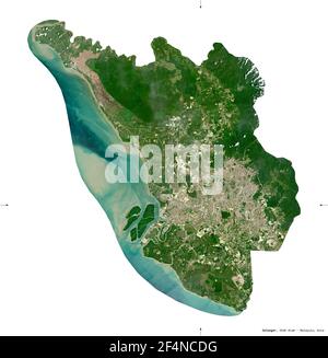 Selangor, state of Malaysia. Sentinel-2 satellite imagery. Shape isolated on white solid. Description, location of the capital. Contains modified Cope Stock Photo