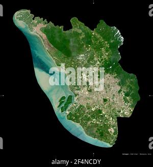 Selangor, state of Malaysia. Sentinel-2 satellite imagery. Shape isolated on black. Description, location of the capital. Contains modified Copernicus Stock Photo
