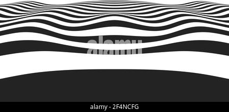 Optical pattern with black and white stripes. Abstract concentric waves. Monochrome wavy surface in perspective view. Modern vector background. Stock Vector