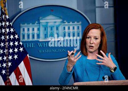 Washington, United States. 22nd Mar, 2021. Jen Psaki, White House press secretary, speaks during a news conference in the James S. Brady Press Briefing Room at the White House in Washington, DC, U.S., on Monday, March 22, 2021. President Joe Biden's economic team at the White House is determined to make good on his campaign pledge to raise taxes on the rich, emboldened by mounting data showing how well America's wealthy did financially during the pandemic. Photographer: Andrew Harrer/Pool/Pool/Sipa USA Credit: Sipa USA/Alamy Live News Stock Photo