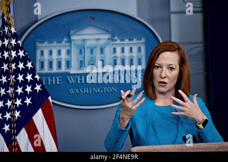 Jen Psaki, White House press secretary, speaks during a news conference in the James S. Brady Press Briefing Room at the White House in Washington, D.C., U.S., on Monday, March 22, 2021. President Joe Biden's economic team at the White House is determined to make good on his campaign pledge to raise taxes on the rich, emboldened by mounting data showing how well America's wealthy did financially during the pandemic. Photo by Andrew Harrer/Pool/Pool/ABACAPRESS.COM Stock Photo