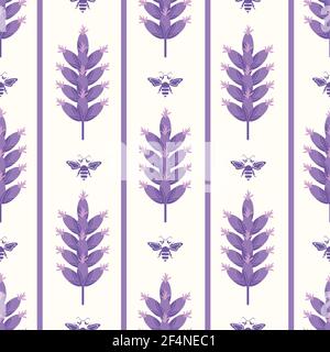 Abstract lavender and bees striped seamless vector pattern background. Modern graphic purple blossoms, bees, stripes on white backdrop. Botanical herb Stock Vector