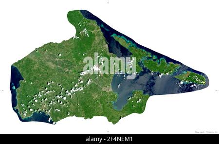 Albay, province of Philippines. Sentinel-2 satellite imagery. Shape isolated on white solid. Description, location of the capital. Contains modified C Stock Photo