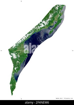 Aurora, province of Philippines. Sentinel-2 satellite imagery. Shape isolated on white solid. Description, location of the capital. Contains modified Stock Photo