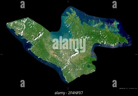 Camarines Sur, province of Philippines. Sentinel-2 satellite imagery. Shape isolated on black. Description, location of the capital. Contains modified Stock Photo