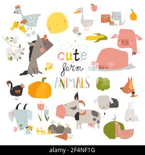 Cute farm animals set on white background Stock Vector
