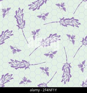 Abstract lavender and bees seamless vector pattern background. Painterly stencil style purple blossoms, bees on pastel honeycomb green backdrop Stock Vector