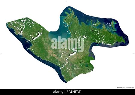 Camarines Sur, province of Philippines. Sentinel-2 satellite imagery. Shape isolated on white solid. Description, location of the capital. Contains mo Stock Photo