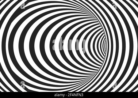 Abstract black and white concentric lines that makes a striped tunnel.  Optical Illusion effect. Modern vector background. Hypnotic line art. Stock Vector