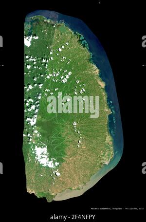 Misamis Occidental, province of Philippines. Sentinel-2 satellite imagery. Shape isolated on black. Description, location of the capital. Contains mod Stock Photo