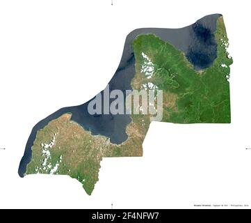 Misamis Oriental, province of Philippines. Sentinel-2 satellite imagery. Shape isolated on white solid. Description, location of the capital. Contains Stock Photo