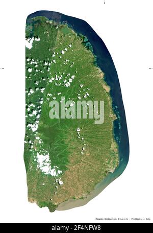 Misamis Occidental, province of Philippines. Sentinel-2 satellite imagery. Shape isolated on white solid. Description, location of the capital. Contai Stock Photo