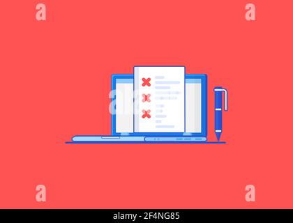 Red cross mark electronic document verification, electronic voting, feedback concept on computer screen. Checking a document or taking an exam test Stock Vector