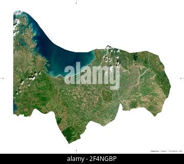 Pangasinan, province of Philippines. Sentinel-2 satellite imagery. Shape isolated on white solid. Description, location of the capital. Contains modif Stock Photo