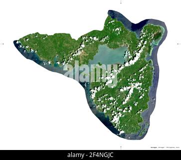 Sorsogon, province of Philippines. Sentinel-2 satellite imagery. Shape isolated on white solid. Description, location of the capital. Contains modifie Stock Photo