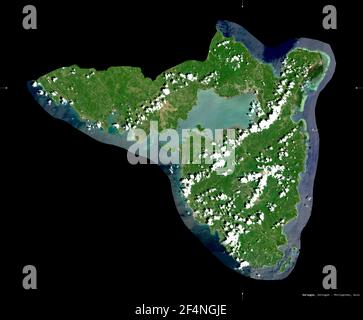 Sorsogon, province of Philippines. Sentinel-2 satellite imagery. Shape isolated on black. Description, location of the capital. Contains modified Cope Stock Photo