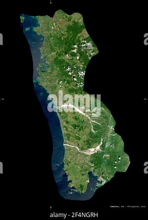 Zambales, province of Philippines. Sentinel-2 satellite imagery. Shape isolated on black. Description, location of the capital. Contains modified Cope Stock Photo