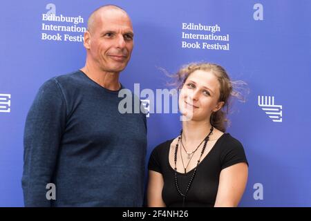 Edimburgh, Scotland. 18 August, 2018. Greek economist, academic and politician, who served as the Greek Minister of Finance, Yanis Varoufakis and Russ Stock Photo