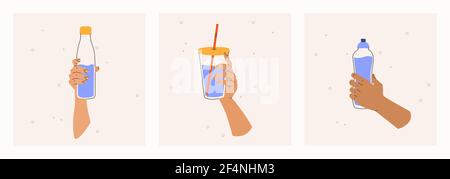 Set of illustrations of hands holding water bottles. Reusable dishes, mugs, bottles, thermoses. Zero waste concept, trendy style vector. Stock Vector