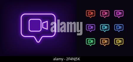 Neon video camera icon. Glowing neon camera sign, outline videography symbol with bubble. Video story stream and record, online presentation. Icon set Stock Vector