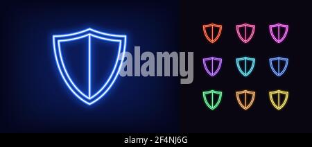 Neon shield icon. Glowing neon shield sign, outline guard symbol in vivid colors. Online security and protection, safety and guarantee emblem, antivir Stock Vector