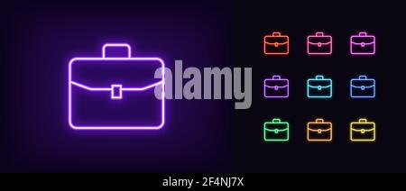 Neon briefcase icon. Glowing neon briefcase sign, outline suitcase in vivid colors. Business case, work diplomat, investment portfolio, fund holder. I Stock Vector