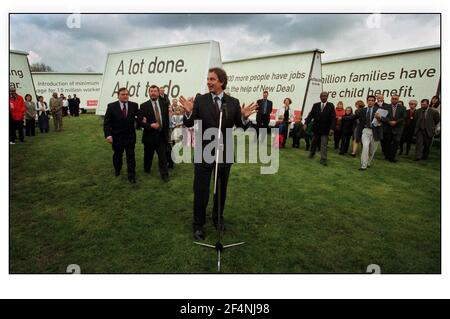 Tony Blair, David Blunkett andJohn Prescott April 2000 at the launch ofthe Labour's Local Government Election Campaign 2000 at the Open University in Milton Keyens. Stock Photo