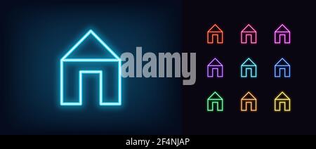 Neon home icon. Glowing neon home sign, outline house in vivid colors. Real estate insurance, apartment booking, rent and lease cottage. Icon set, sig Stock Vector