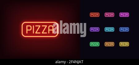 Neon pizza icon. Glowing neon pizza sign, outline text signboard in vivid colors. Food court logo for pizzeria, advertisement button and label. Icon s Stock Vector