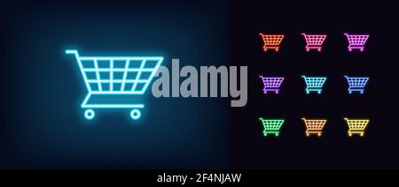 Neon shopping cart icon. Glowing neon trolley basket sign, outline shop cart symbol in vivid colors. Online store, website basket, online shopping. Ve Stock Vector