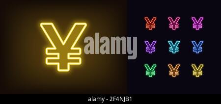 Neon yen icon. Glowing neon yuan and yen sign, outline money symbol in vivid colors. Online banking and investment, currency exchange. Icon set, sign, Stock Vector