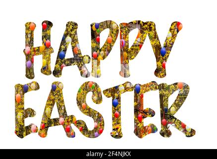 Happy Easter lettering with colorful Easter eggs Stock Photo