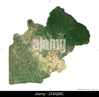 Nakhon Nayok, province of Thailand. Sentinel-2 satellite imagery. Shape isolated on white. Description, location of the capital. Contains modified Cop Stock Photo