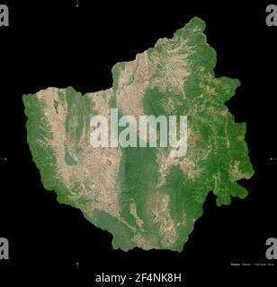 Phayao, province of Thailand. Sentinel-2 satellite imagery. Shape isolated on black. Description, location of the capital. Contains modified Copernicu Stock Photo