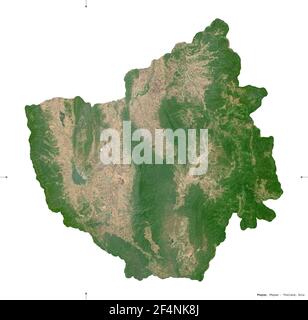 Phayao, province of Thailand. Sentinel-2 satellite imagery. Shape isolated on white. Description, location of the capital. Contains modified Copernicu Stock Photo