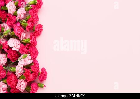 Bouquet Of Pink Carnation Flowers On A Pink Background Mothers Day Valentines Day Birthday Celebration Concept Copy Space For Text Top View Stock Photo Alamy