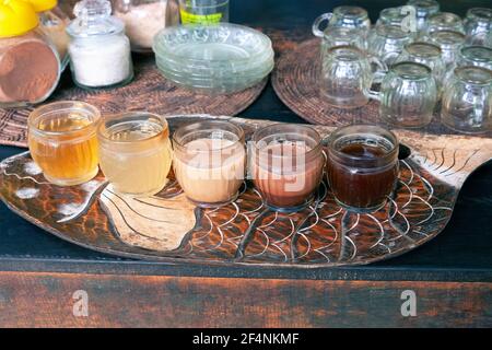 coffee, luwak coffee, fruit and herb tea tasting set at Luwak coffee farm, Bali, Indonesia Stock Photo