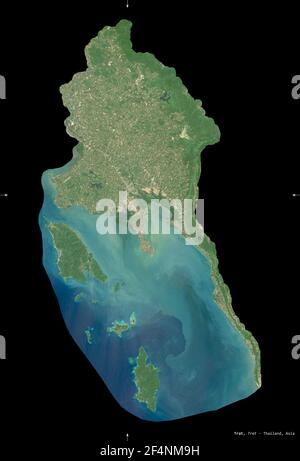 Trat, province of Thailand. Sentinel-2 satellite imagery. Shape isolated on black. Description, location of the capital. Contains modified Copernicus Stock Photo